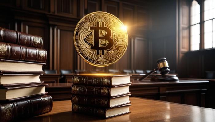 bitcoin hovering over piles of books in a legal setting